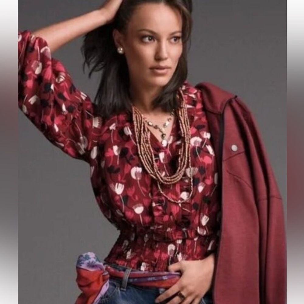 Cabi Corsage Blouse with Bishop Sleeves and Smocking at Waist